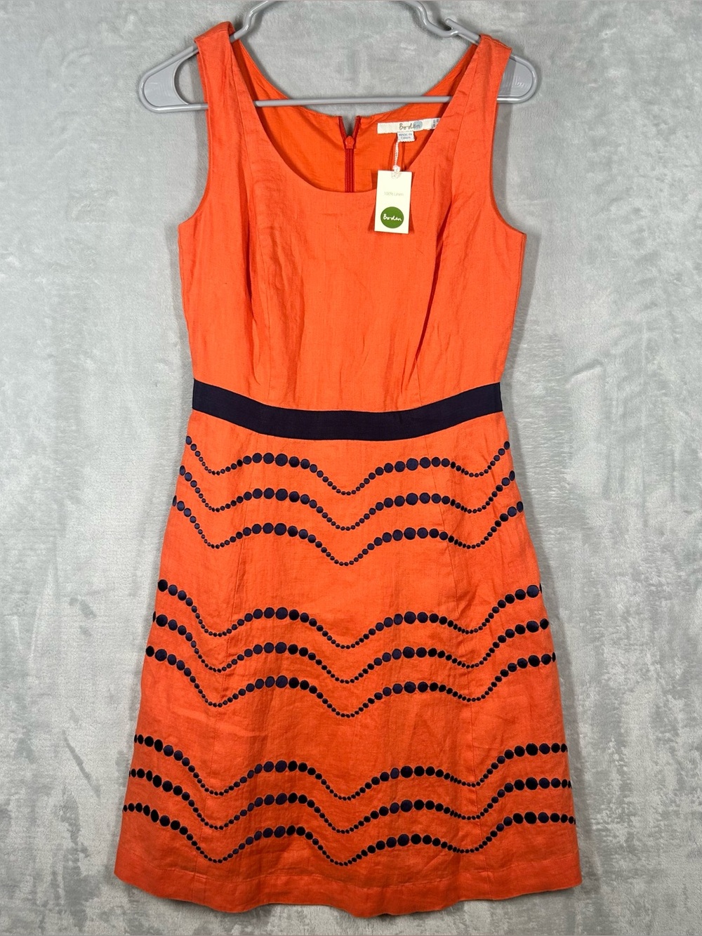 Boden Dress US 4 Orange Linen Sleeveless Wave Embroidered NWT Shift Dress